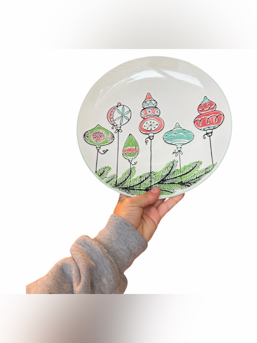 Hobby Lobby White Holiday Plate with Green & Coral Ornament Design NWT